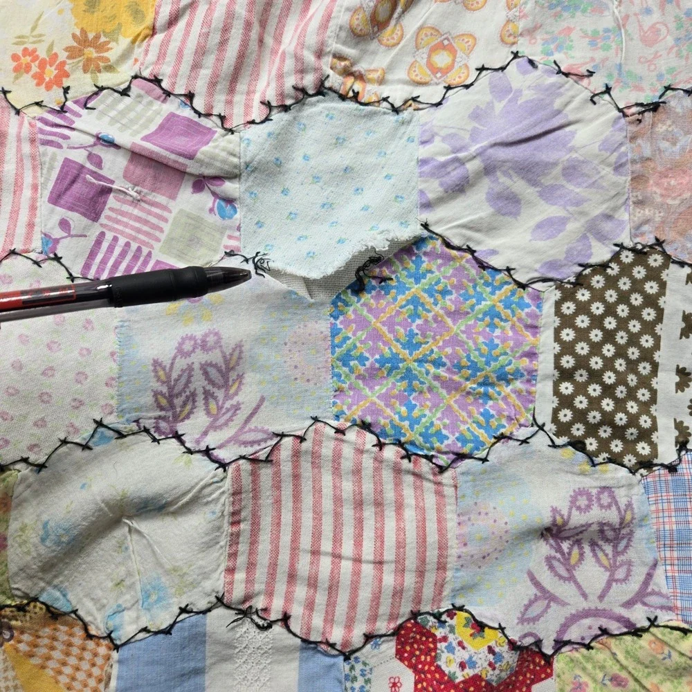 VTG Handmade Hexagon Grandmother Flower Garden Patchwork Antique Quilt 72x70